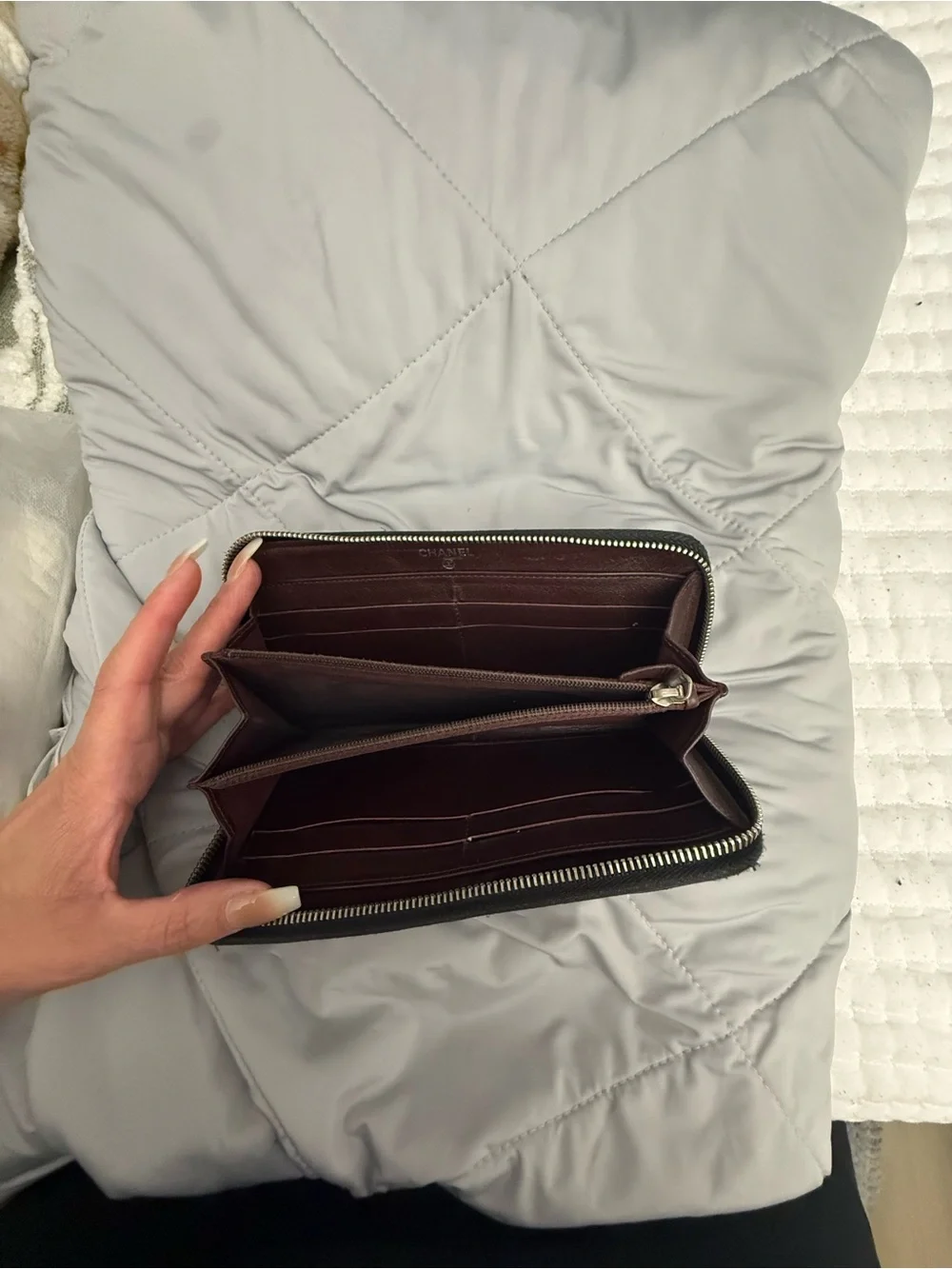 CHANEL Black Quilted Leather Wallet with Silver CC Logo